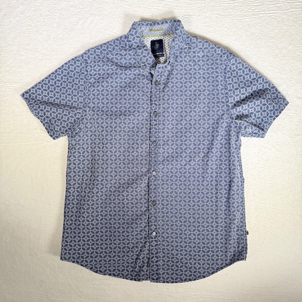 DENIM & FLOWER Mens Slim Fit Short Sleeve Button Down Cotton Blue Geometric Sz M